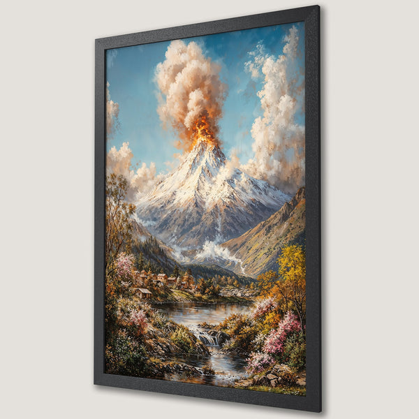 Framed Poster: Mountain landscape art print with volcano, rich colors, and classic style. Perfect for home decor.