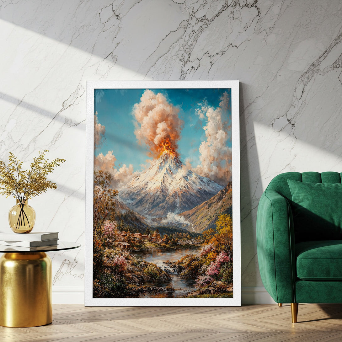 Framed Poster of a mountain landscape in a vibrant, warm color palette. Classic art style, perfect for home decor.
