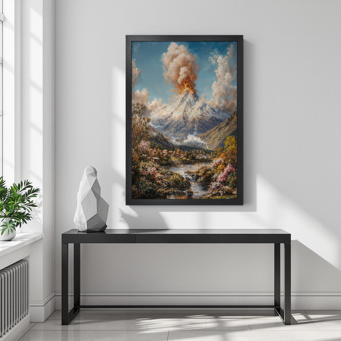 Framed Poster featuring a vibrant mountain landscape painting. Warm color palette with blues, greens, and oranges. Perfect wall art for your home!