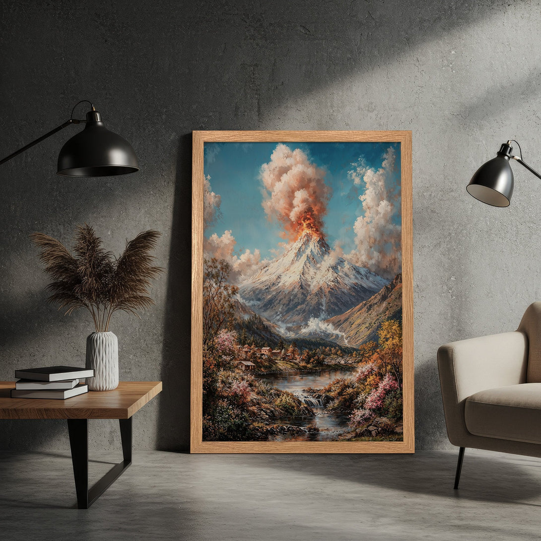 Framed Poster of a mountain landscape in a classic style, featuring a warm color palette with blues, oranges, and greens. Perfect wall art!