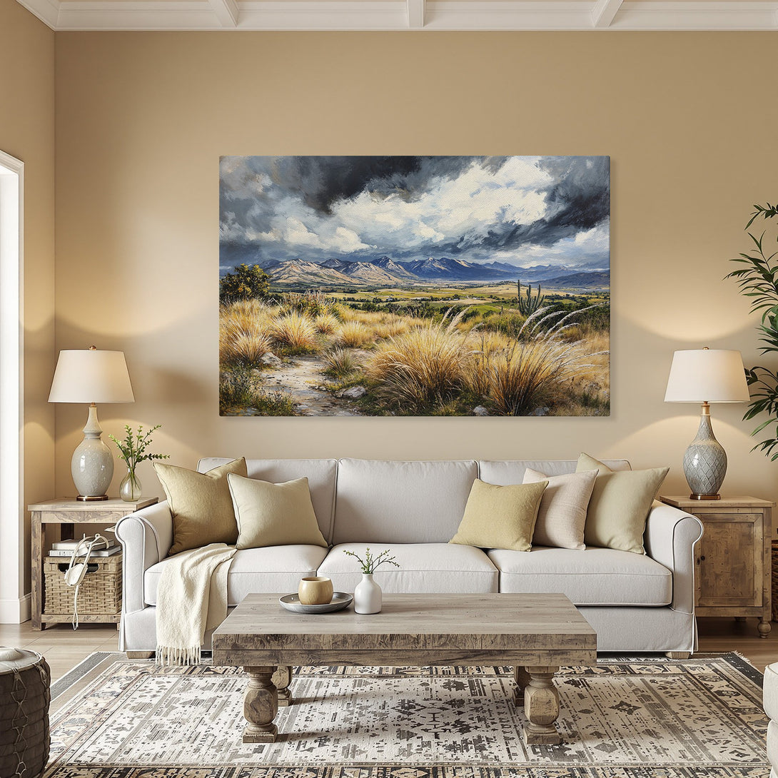 Framed Wall Art: Landscape painting with mountains, dramatic sky, and golden grasses. Earthy color palette, perfect for home decor.