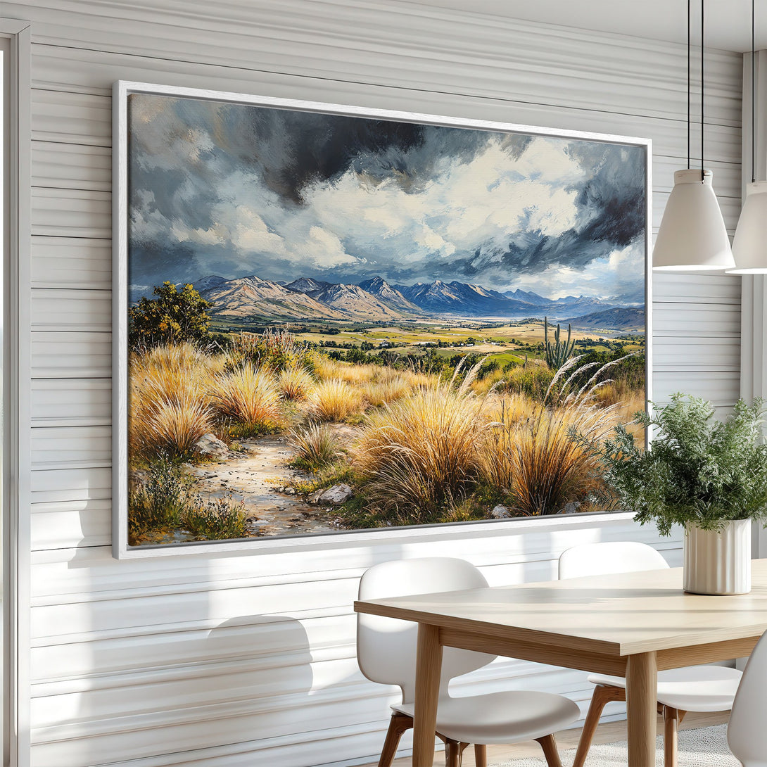 Framed Wall Art featuring a landscape painting with mountains and a path, in a warm, natural color palette. Perfect for adding a touch of nature to your home.
