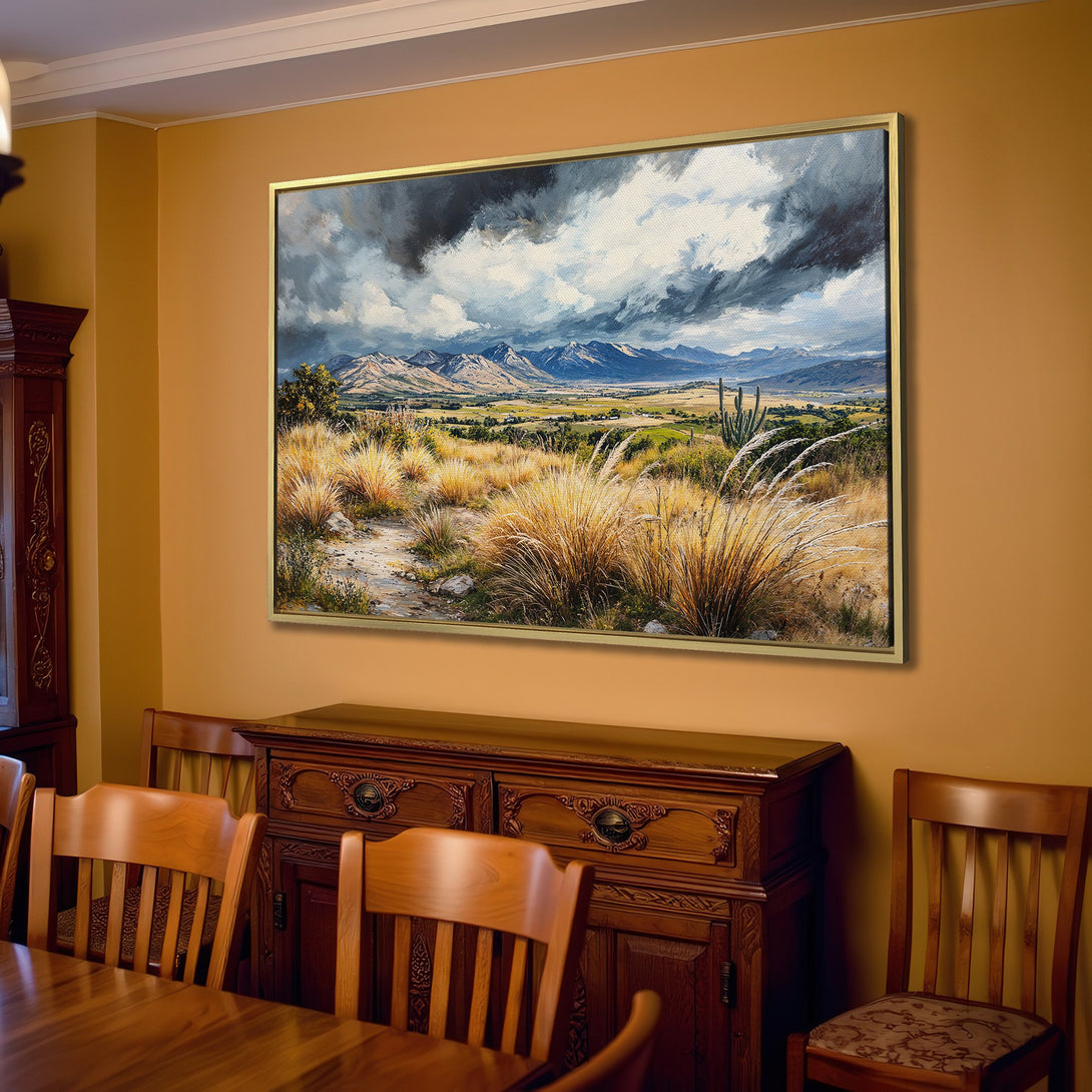 Canvas Print of a dramatic landscape painting with mountains, stormy sky, and warm earth tones. Perfect for rustic home decor.