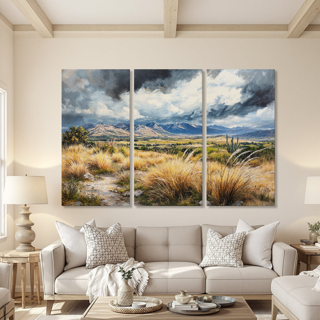 Canvas Print of a dramatic landscape painting with mountains and stormy skies. Earthy tones of gold, green, and blue. Adds a touch of nature to your home.