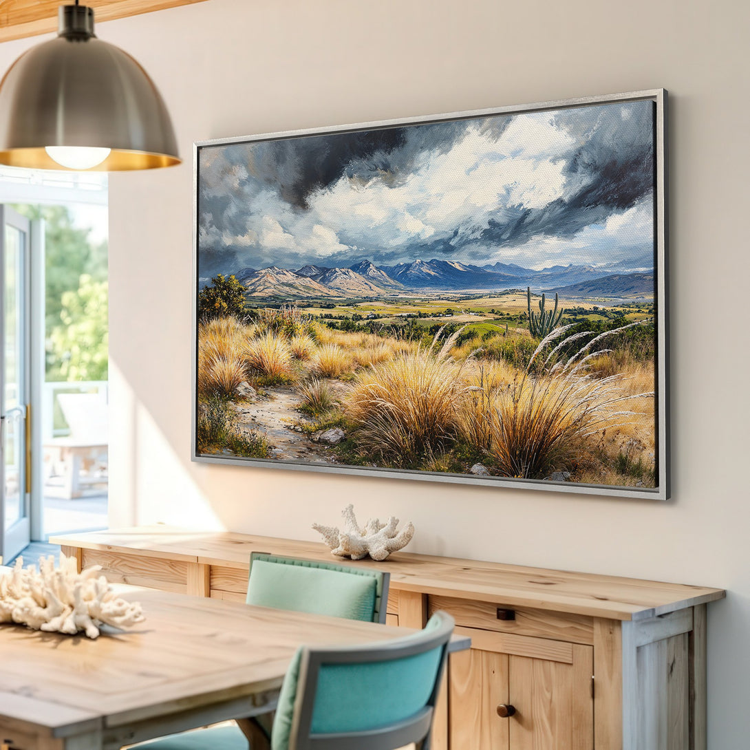 Framed Wall Art: Landscape Canvas Print with mountain scene, showcasing a natural color palette. Perfect for living room decor.