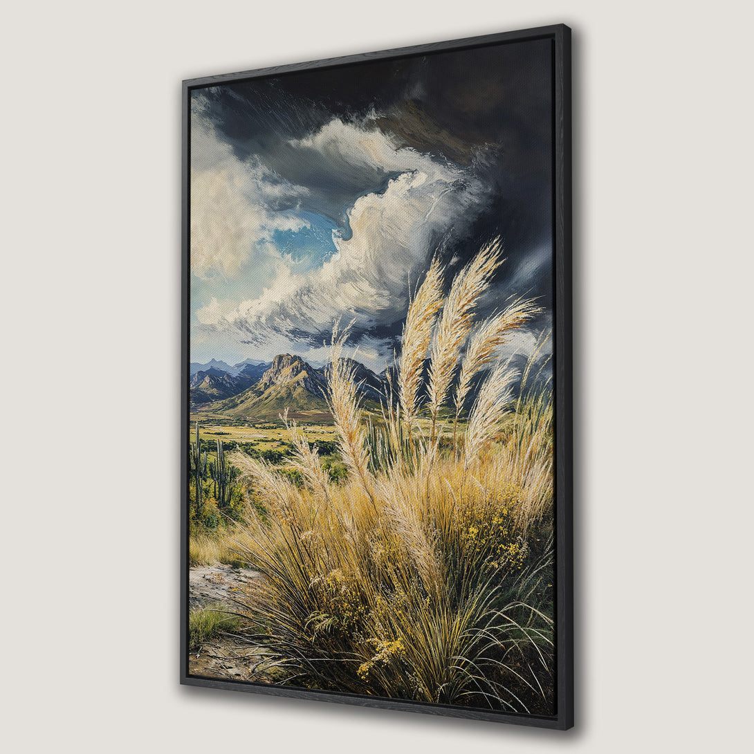 Framed Wall Art: Landscape painting of golden grasses and mountains under a stormy sky. Earthy tones create a dramatic, textured canvas print.