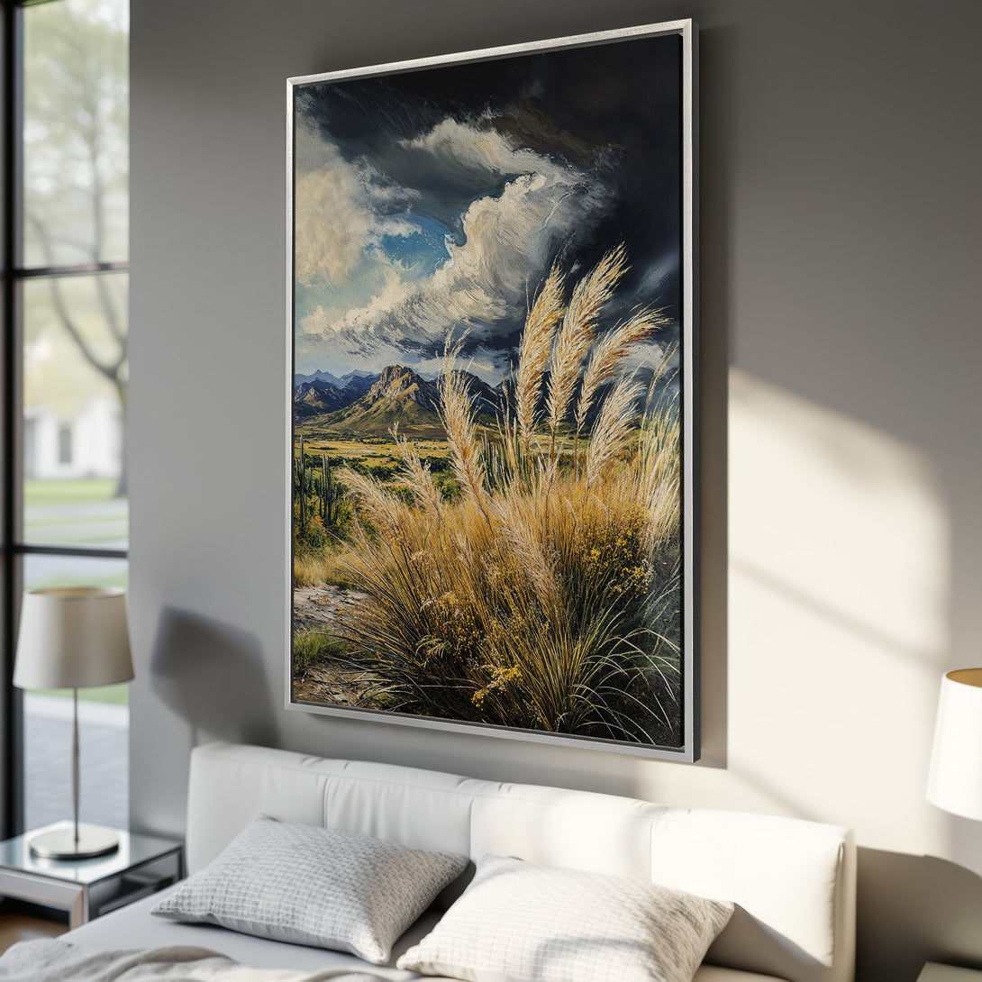Framed Wall Art: Dramatic landscape Canvas Print with stormy sky and golden grasses. Earthy tones of beige, green, and blue create a stunning focal point for any room.