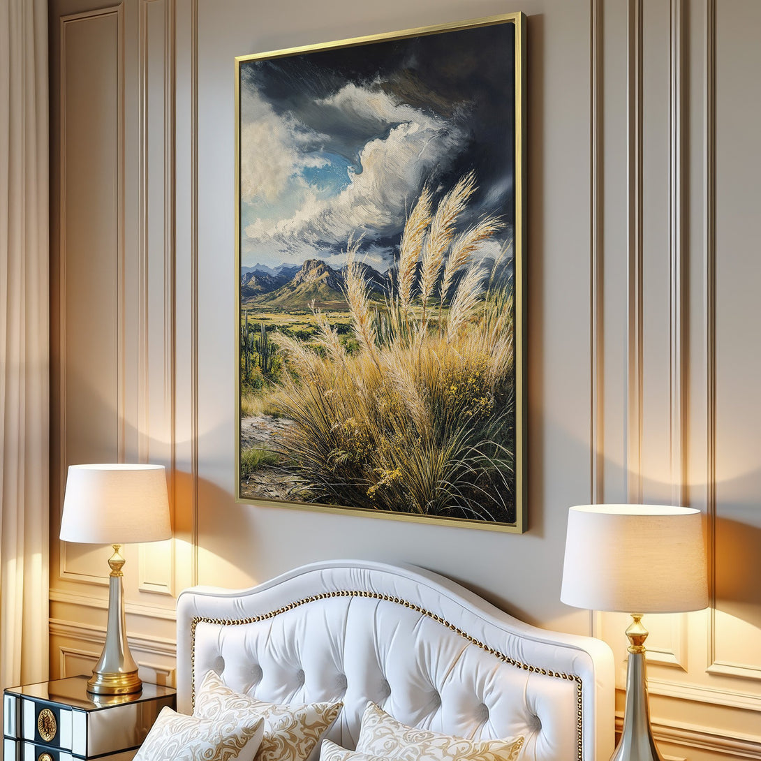 Canvas Print: Serene landscape art featuring golden grasses, mountains, and dramatic clouds. Earthy tones create a calming, stylish interior accent.