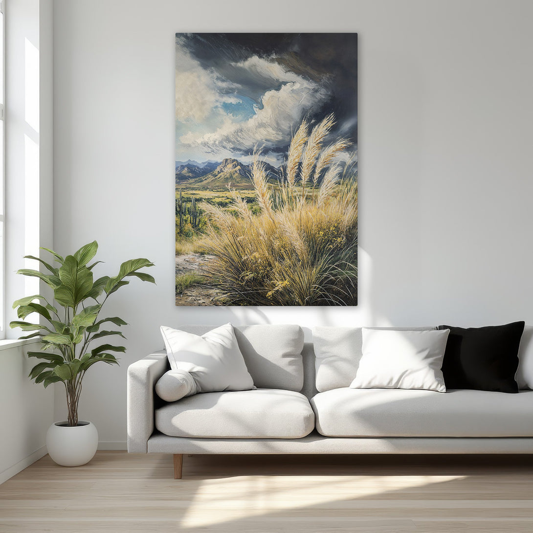 Framed Wall Art: Dramatic landscape canvas print with moody sky, golden grasses, and mountain view. Earthy tones perfect for bedroom decor.