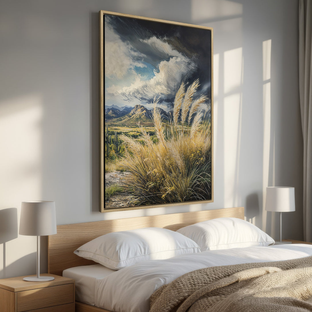 Framed Wall Art: Landscape painting with dramatic sky & golden grasses. Earthy tones create a serene, inviting atmosphere for your bedroom decor.