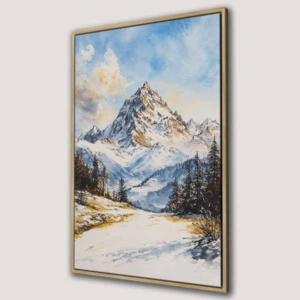 Framed Wall Art: Watercolor mountain landscape in blue, white, and gold. Bring the beauty of nature into your home with this stunning Canvas Print.