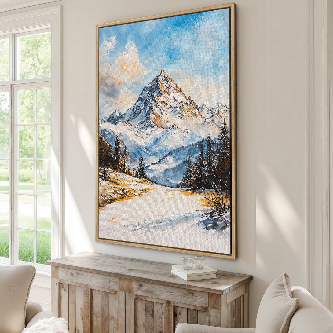 Framed Wall Art: Majestic mountain landscape canvas print in watercolor style. Features a blue, white, and brown color palette, perfect for adding a touch of nature to your home.