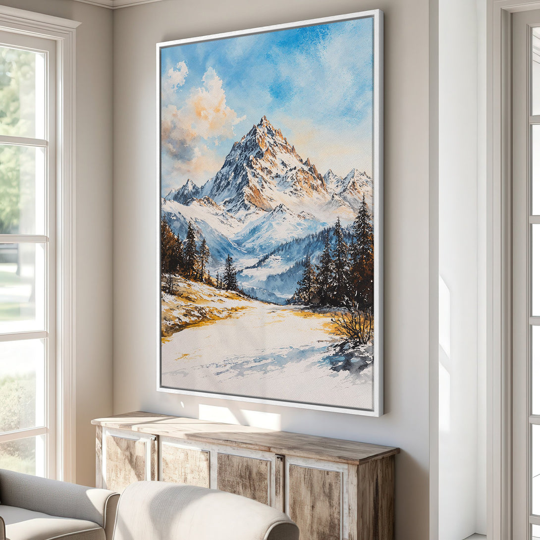 Framed Wall Art: Mountain landscape canvas print in a bright, airy interior. Featuring a blue, white, and gold color palette for a serene, nature-inspired aesthetic.