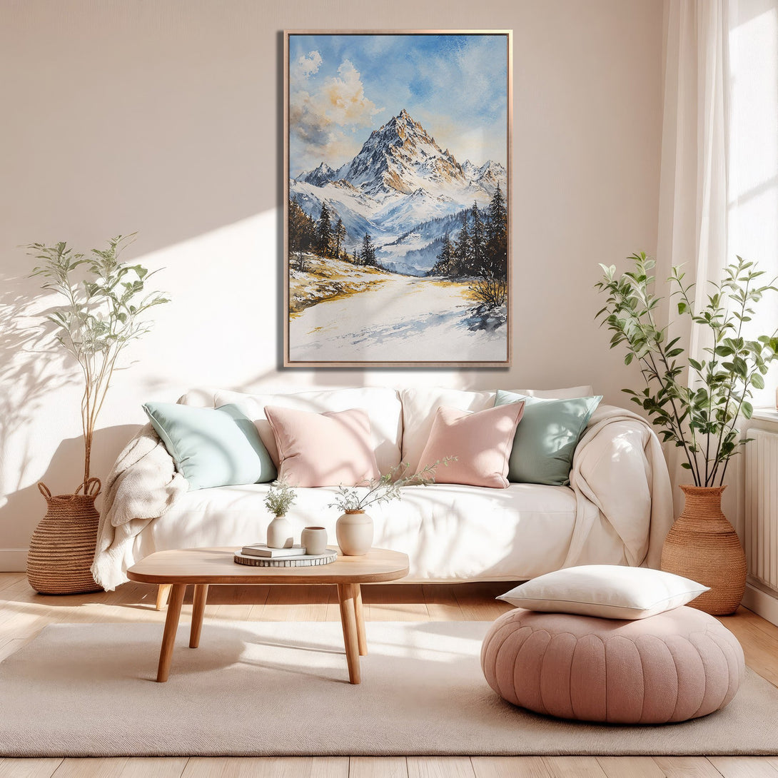 Framed Wall Art: Mountain landscape canvas print in a warm interior. Featuring a serene mountain scene in a blue, white, and gold color palette. Perfect for home decor.