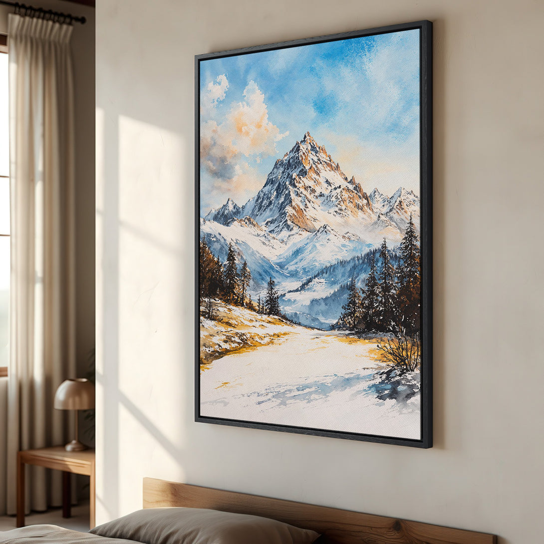 Framed Wall Art: Mountain landscape Canvas Print with blue, white, and gold color palette. Perfect for adding a touch of nature to your home decor.
