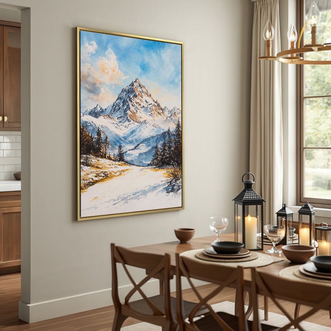 Canvas Print of a watercolor mountain landscape. Blue, white, and brown color palette. Perfect for adding a touch of nature to your home.