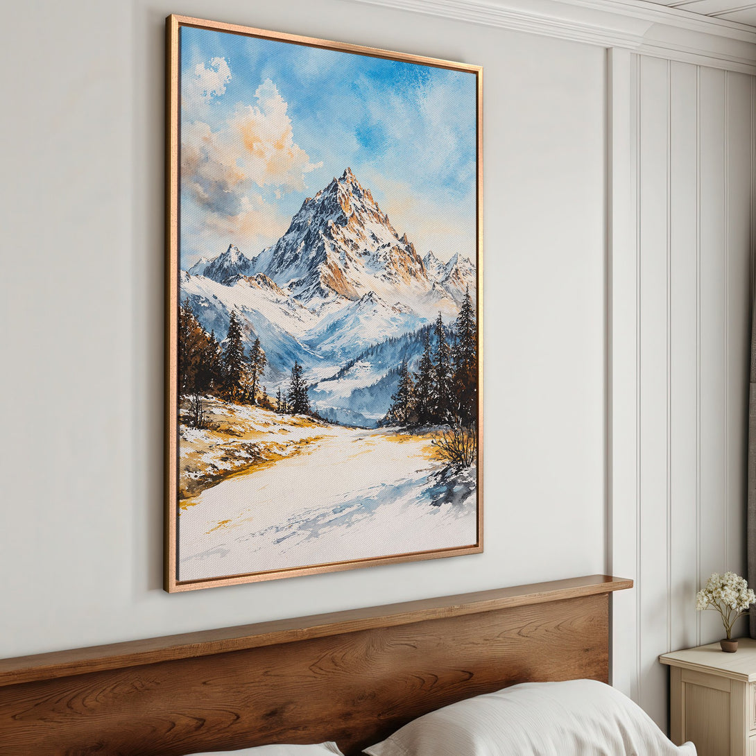 Framed Wall Art: Majestic mountain landscape Canvas Print with blue, white, and gold hues. Perfect for adding a touch of nature to your home decor.