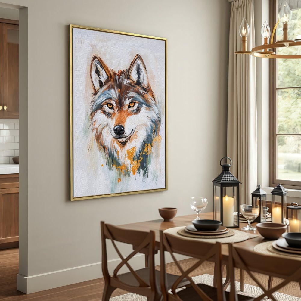 Canvas Print: Stunning wolf portrait art in neutral tones with gold accents. Perfect rustic wall decor for any space.