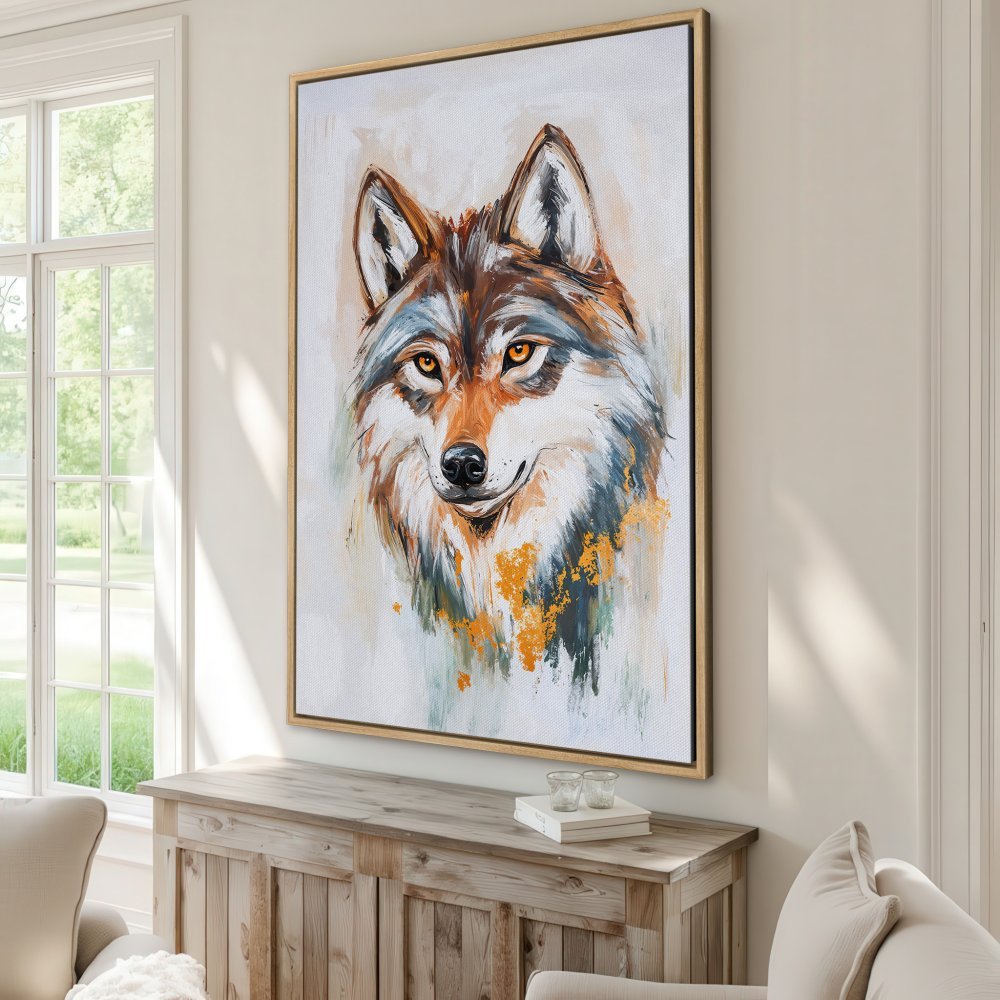 Framed Wall Art: Stunning wolf portrait canvas print in a modern, abstract style. Featuring a warm color palette of browns, blues, and gold. Elevate your decor!