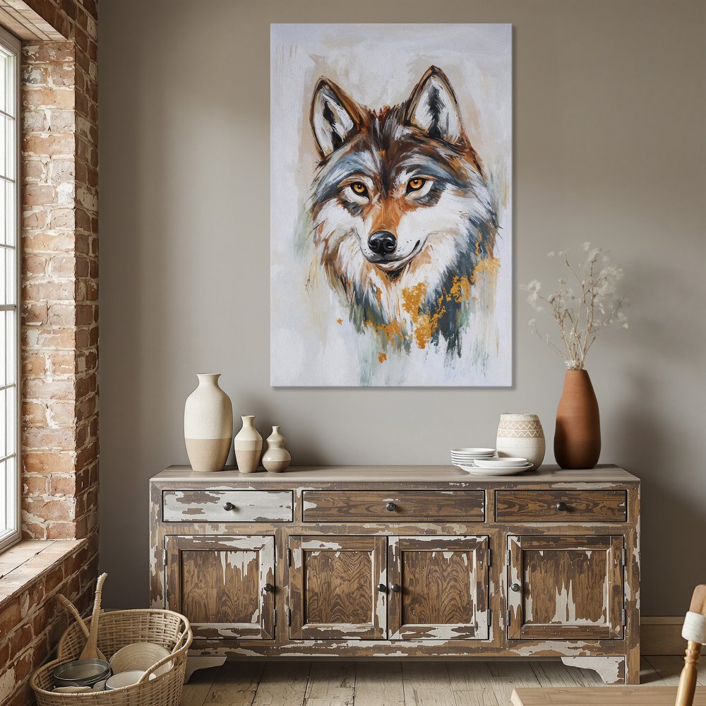 Framed Wall Art: Majestic wolf portrait canvas print in warm earth tones. Perfect for rustic or modern decor. Shop now!