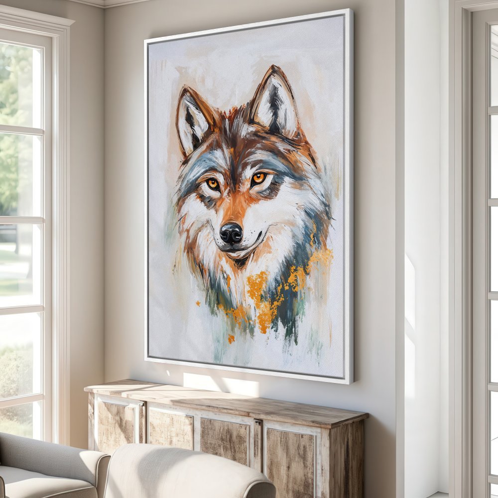 Framed Wall Art: Majestic wolf portrait Canvas Print in warm brown, orange, and blue tones. Perfect for adding artistic flair to your home decor.