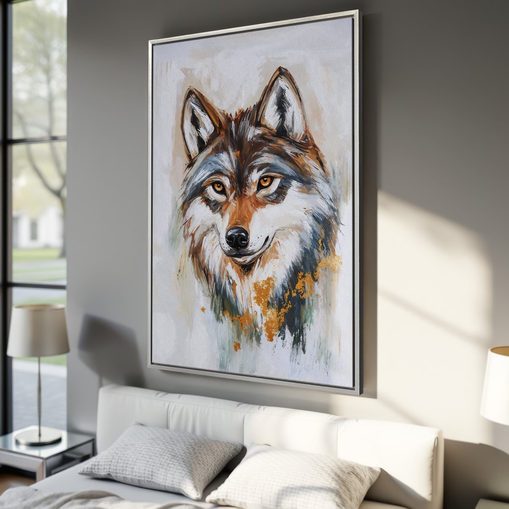 Framed Wall Art: Majestic wolf portrait canvas print in warm earth tones. Add a touch of wilderness to your home decor!