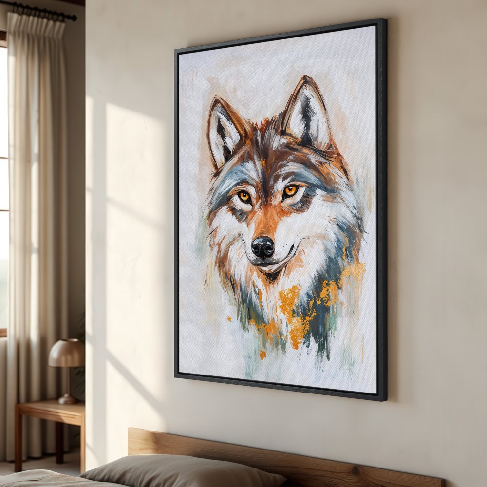 Framed Wall Art: Majestic wolf portrait in warm, earthy tones. Add a touch of wilderness to your decor with this stunning canvas print!