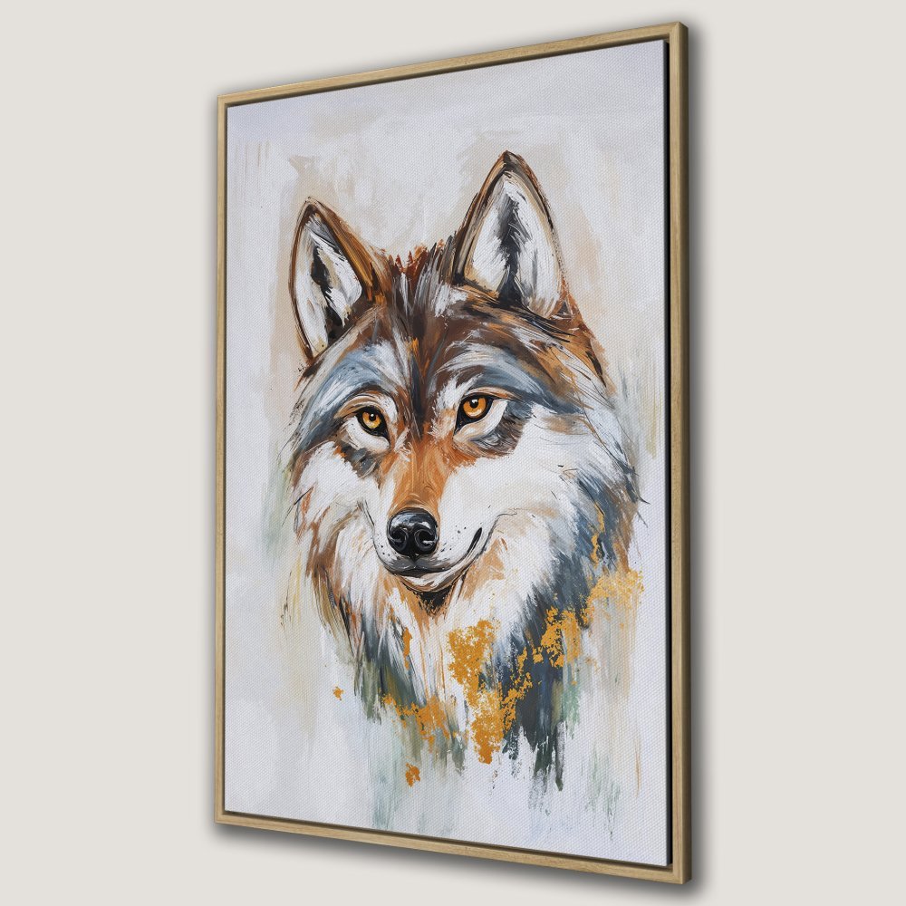 Framed Wall Art of a majestic wolf. Stunning oil painting style with brown, gold, and grey tones. Perfect for adding a touch of nature to your decor.