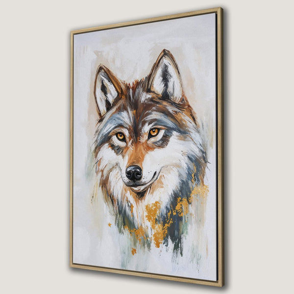 Framed Wall Art of a majestic wolf. Stunning oil painting style with brown, gold, and grey tones. Perfect for adding a touch of nature to your decor.