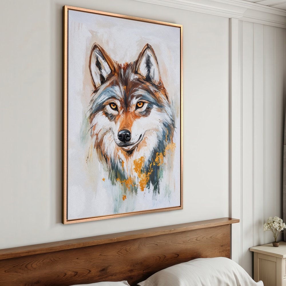 Framed Wall Art: Majestic wolf portrait in warm earth tones and gold accents. Add a touch of wilderness to your home decor with this stunning canvas print.