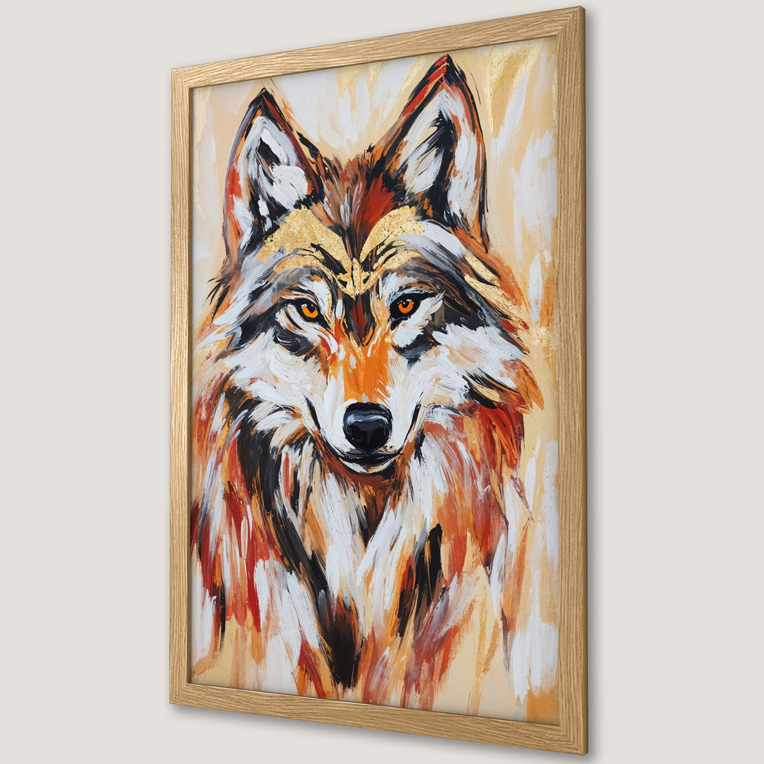 Framed Poster of a wolf in a modern, expressive style. Warm orange, white, and gold color palette. Perfect wall art!