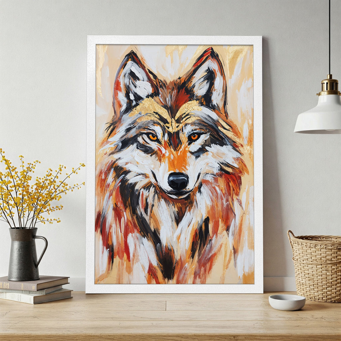 Framed Poster of a fierce wolf in an expressive, modern style. Warm orange and gold tones create a captivating art piece.