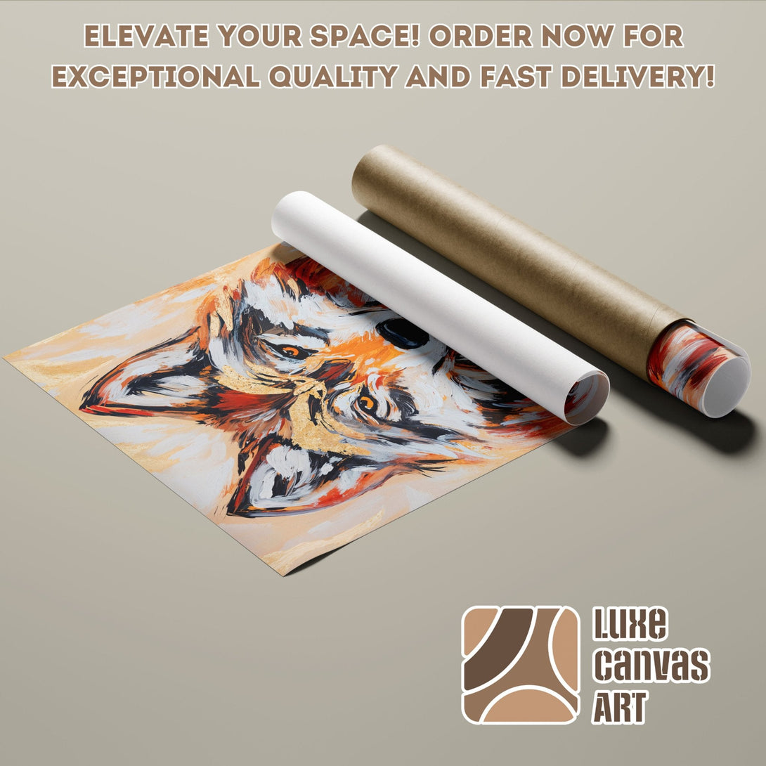 Abstract animal art poster roll in warm orange, white, and gold tones. Order your Luxe Canvas Art Poster today!