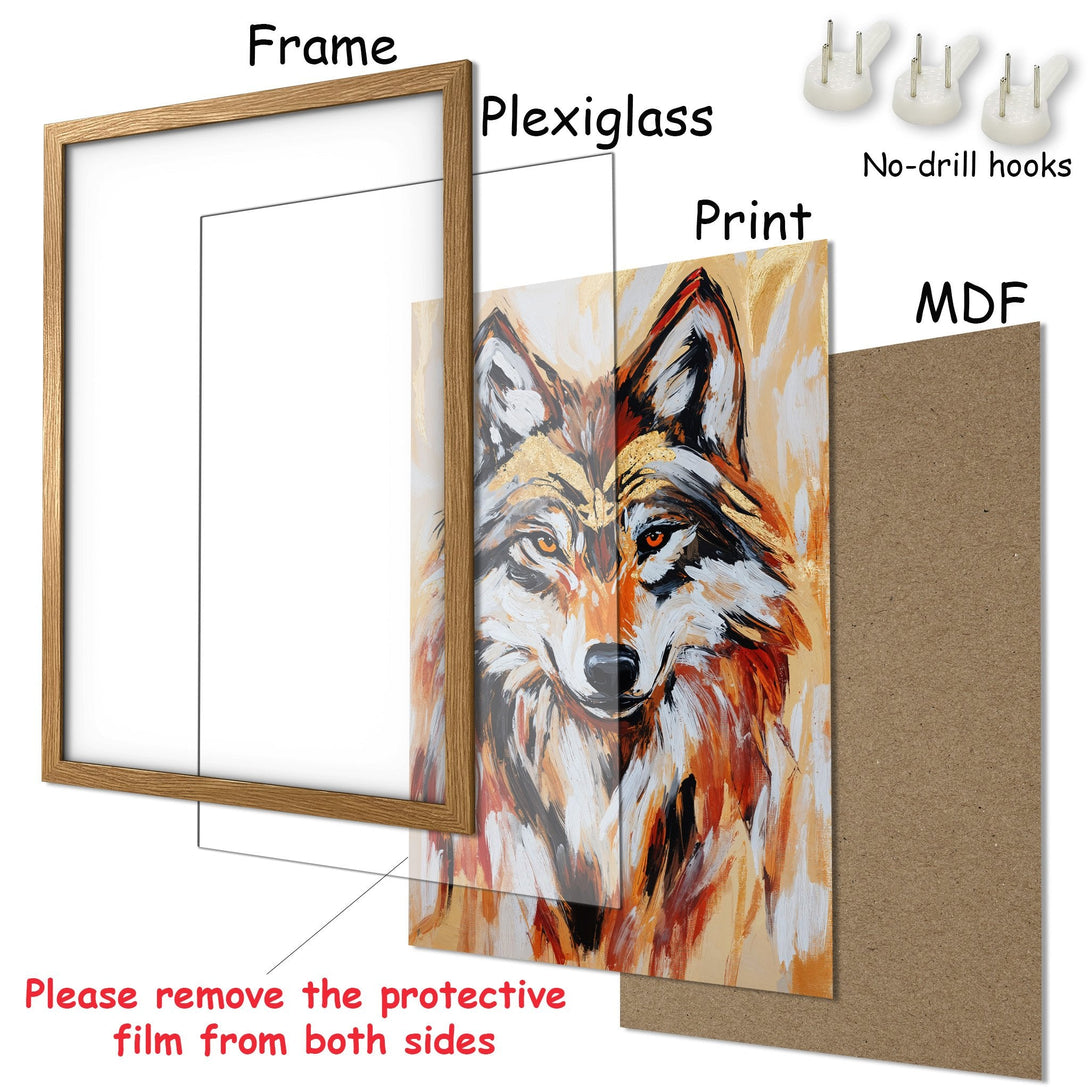 Framed Poster: Majestic wolf art print in warm orange & gold tones. Stunning animal artwork for your home decor.