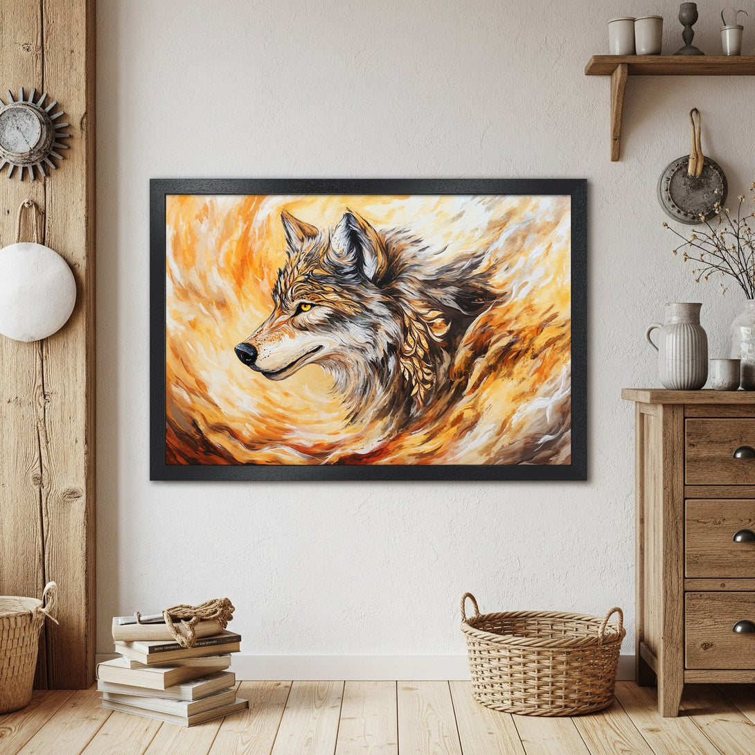 Framed Poster featuring a majestic wolf in warm orange and gold tones, perfect for adding a touch of nature-inspired art.