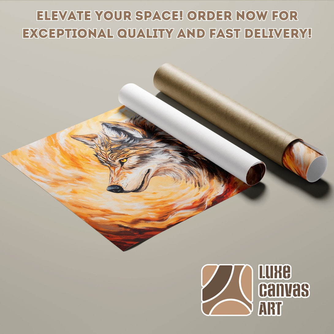 Poster Roll featuring a wolf art print, warm orange and brown color palette, artistic style.