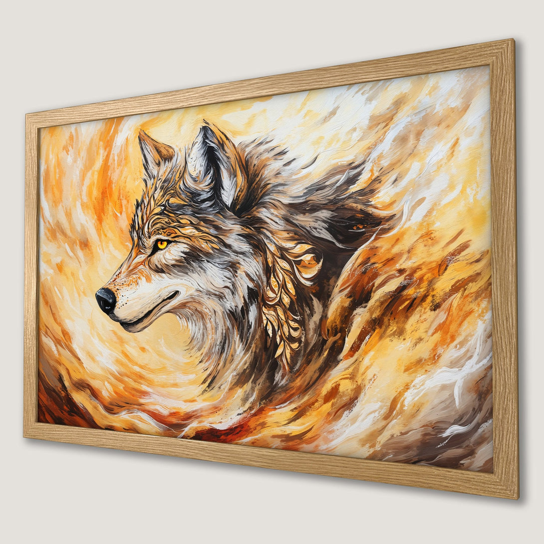 Framed Poster featuring a majestic wolf in a vibrant, painterly style with warm orange and brown hues. Perfect art for your home!