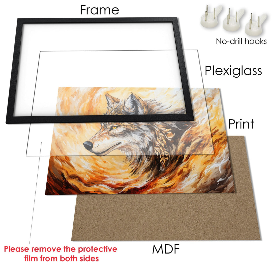 Framed Poster featuring a majestic wolf in warm, orange and brown tones. Perfect wall art for any space.
