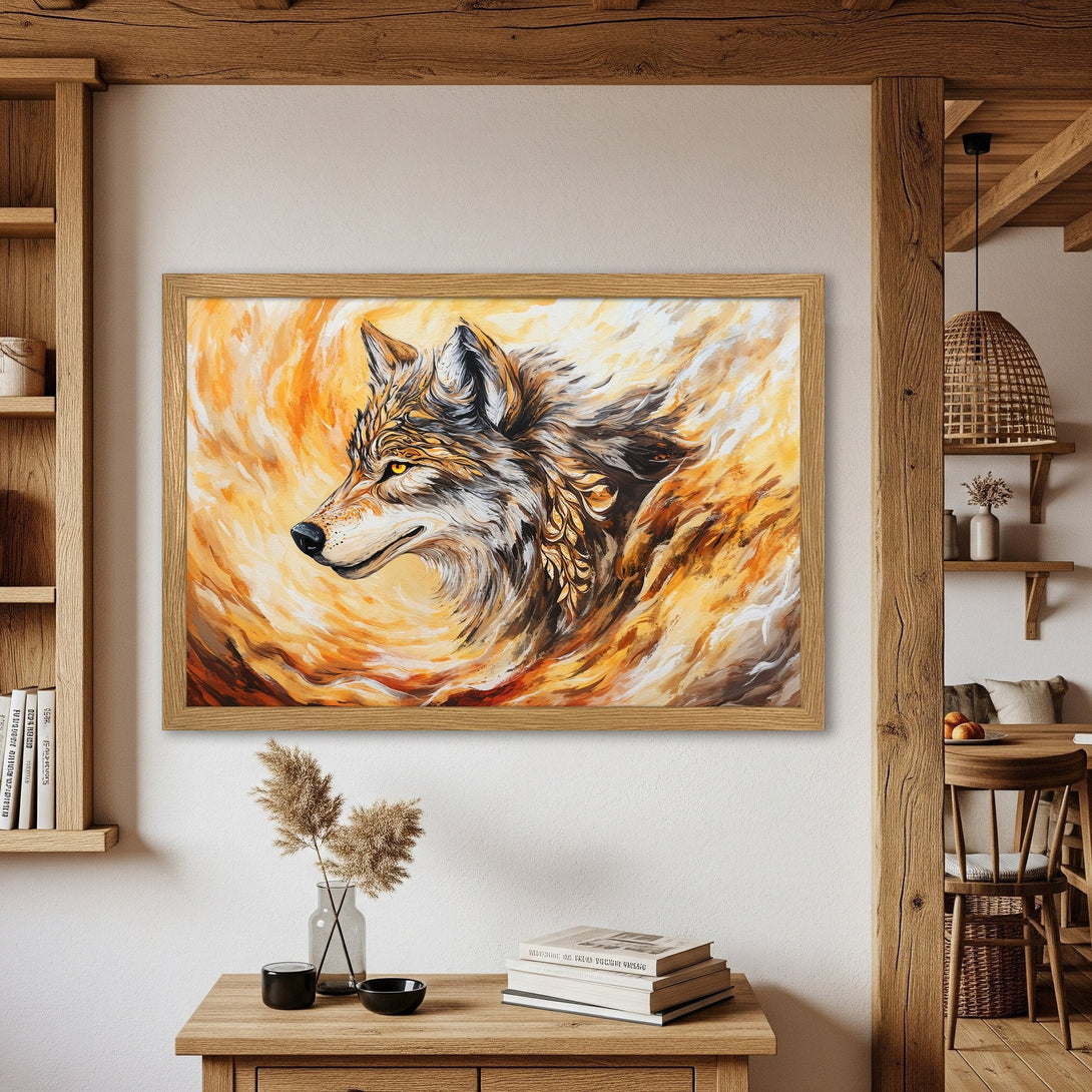 Framed Poster featuring a wolf in an abstract style with warm orange and brown tones. Perfect wall art for your home!