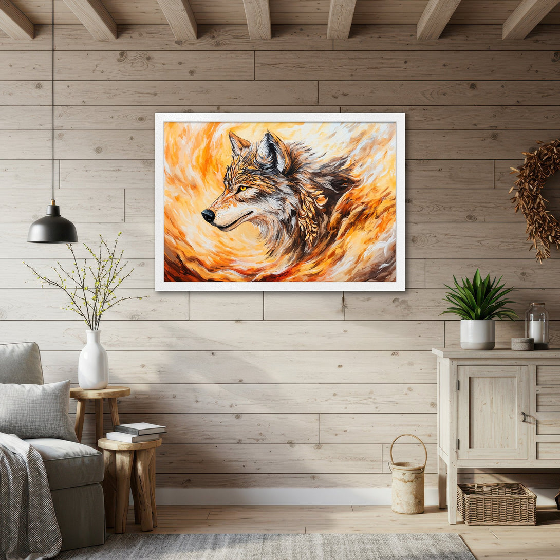 Framed Poster featuring a wolf in a fiery, expressive style. Warm orange and brown tones create a captivating artwork for your home decor.