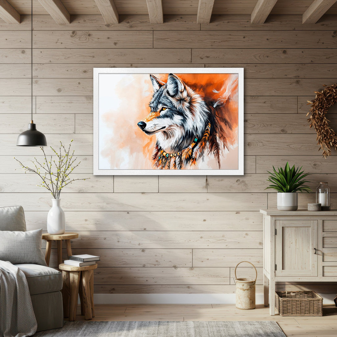 Framed Poster featuring a wolf in an artistic style with orange and gray tones, perfect for rustic decor.