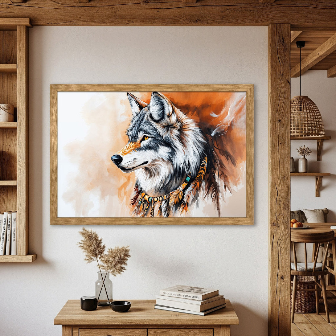 Framed Poster featuring a majestic wolf portrait in a watercolor style, warm orange and neutral color palette, perfect wall art.