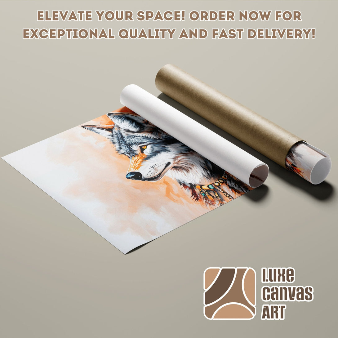 Wolf art poster roll in warm tones. Elevate your space with this stunning poster! Order now!