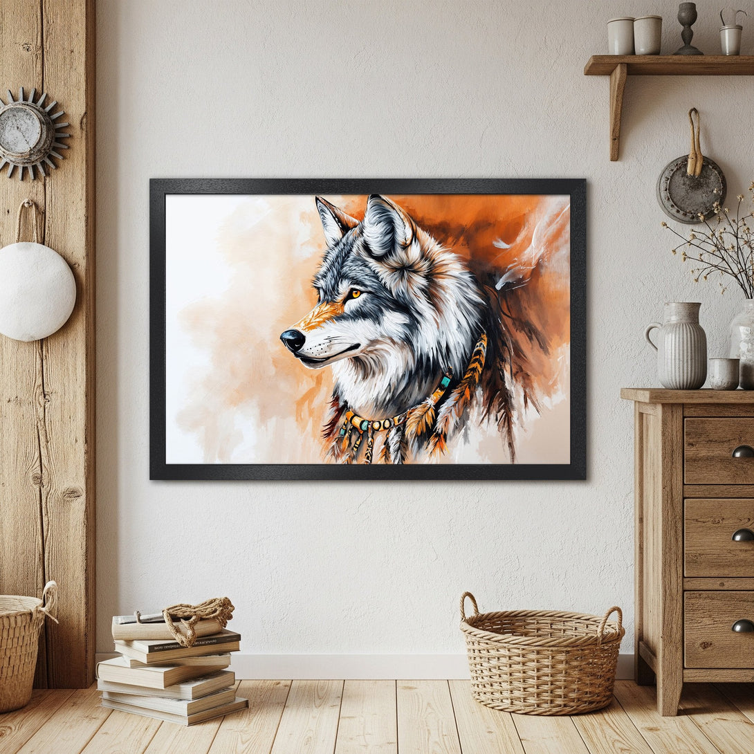 Framed Poster featuring a majestic wolf in a watercolor style, with warm orange and neutral tones. Perfect wall art!