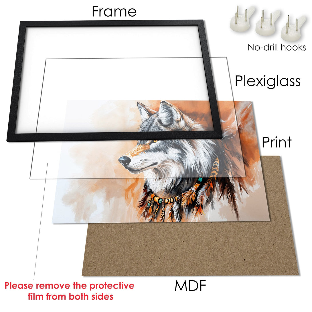 Framed Poster featuring a wolf portrait in a Native American style, with a warm, earthy color palette. Enhance your wall decor!