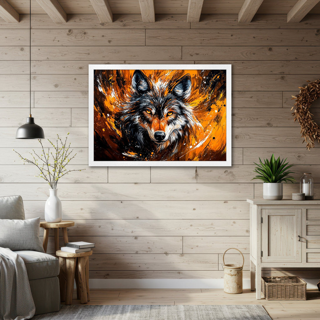 Framed Poster of a majestic wolf in an abstract style, featuring a vibrant orange and black color palette. Perfect wall art!