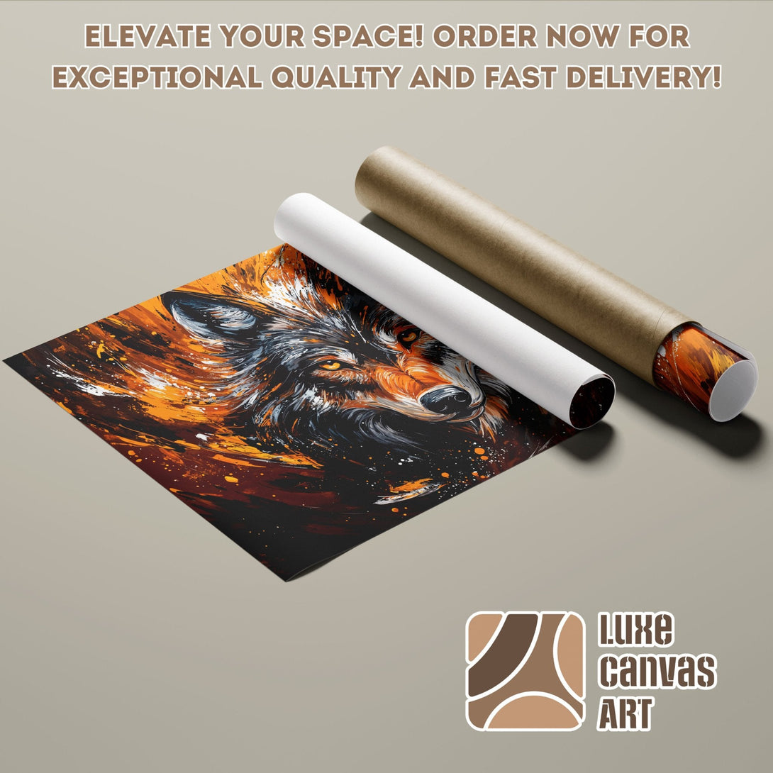Abstract wolf art Poster Roll in orange, black, and white. Elevate your space with Luxe Canvas Art!