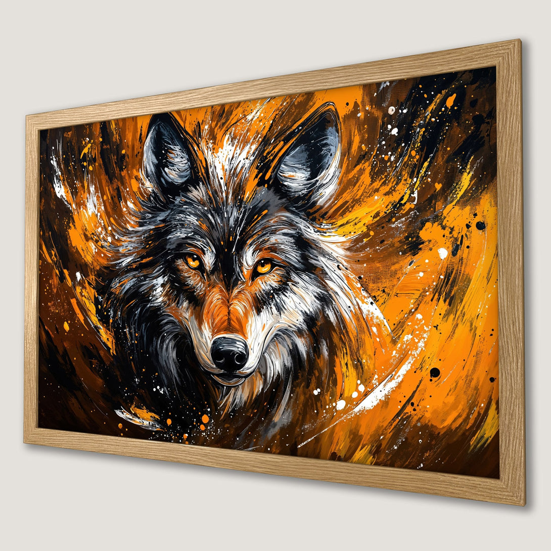 Framed Poster: Abstract wolf art in orange, black, and white. Perfect wall decor for a modern home. Shop now!