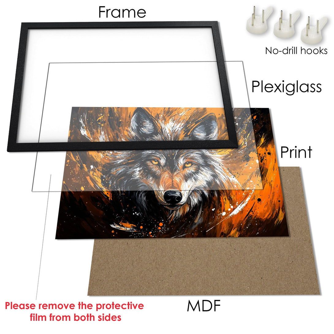 Framed Poster featuring a wolf in an abstract style with orange, black, and white hues. Add a touch of wild to your home decor!