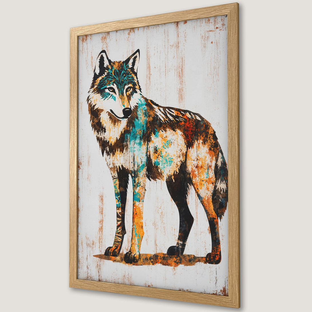 Framed Poster featuring a colorful wolf art print. Rustic style with a vibrant palette of orange, teal, and brown. Perfect wall decor.